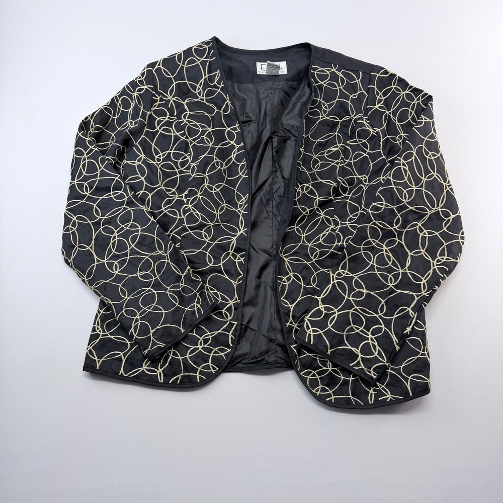 Elizeh New York Paris Black Linen Embroidered Swirl Open Front Jacket Size 14